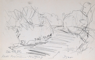 Konrad Sommer:  Radl Freimann-Freising, Isar, 26.10.1982, Bleistift auf Papier, 13,4 x 21,0 cm, bez. u.l.: 26.10.82.  Radl Freimann-Freising, u.r.: Isar