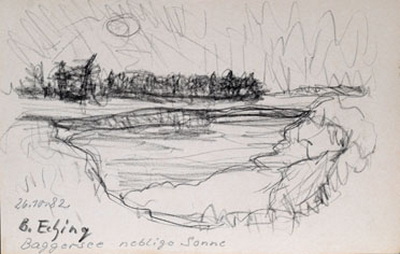 Konrad Sommer, Bei Eching, Baggersee, neblige Sonne, 26.10.1982, Kohle, Bleistift auf Papier, 13,5 x 21,0 cm, bez.u.l.: 26.10.82. B. Eching neblige Sonne 