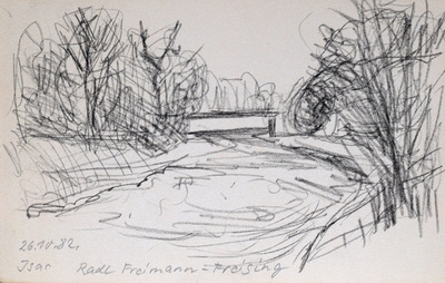 Konrad Sommer: Isar, Radl Freimann-Freising, 26.10.1982, Kohle, Bleistift auf Papier, 13,5 x 21,0 cm, bez. u.l.:   26.10.82. Isar Radl Freimann-Freising