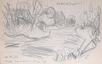 Konrad Sommer: Radl, Freimann-Freising, 26.10.1982,  Bleistift auf Papier, 13,5 x 21,0 cm, bez. u.l.: 26.10.82. Radl Freimann-Freising, o.: blaudunst