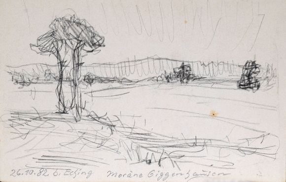 Konrad Sommer: Bei Eching, Moräne Giggenhausen, 26.10.1982, Kohle, Bleistift auf Papier, 13,4 x 21,0 cm, bez. u.l.: 26.10.82. b. Eching Moräne Giggenhausen