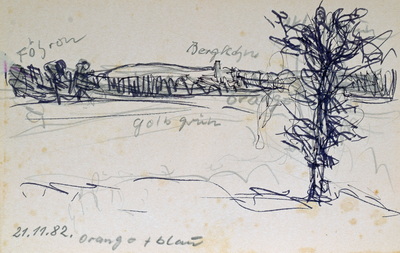 Konrad Sommer: Mooslandschaft mit Baum, 21.11.1982, Filzstift, Bleistift auf Papier, 13,5 x 21,0 cm, bez.u.l.: 21.11.82. orange + blau 
