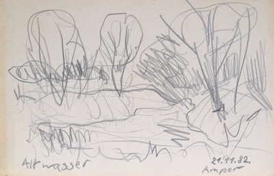 Konrad Sommer:  Altwassser, Amper, 21.11.1982,  Bleistift auf Papier, 13,5 x 21,0 cm, bez.u.l.:  Altwasser, u.r.: 21.11.82. Amper