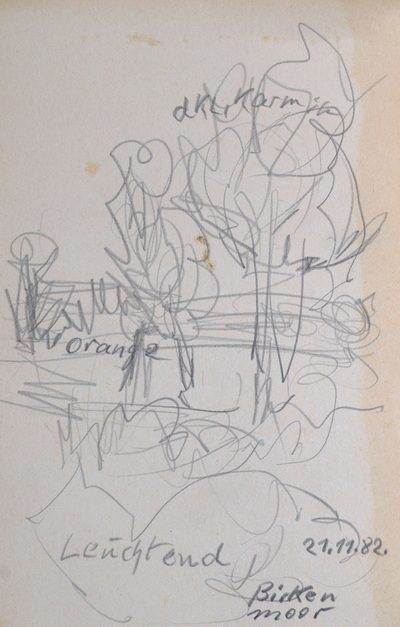 Konrad Sommer,  Birken Moor, 21.11.1982, Bleistift auf Papier, 13,5 x 21,0 cm, bez.u.l.: Leuchtend  u.r.: 21.11.82. Birken Moor 