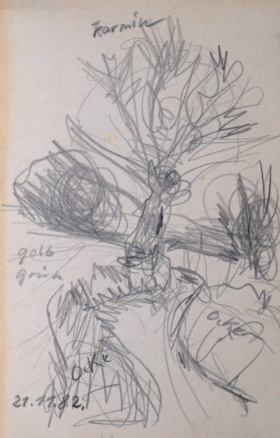 Konrad Sommer:  Ocker, 21.11.1982,  Bleistift auf Papier, 21,0 x 13,5 cm, bez.: Karmin Gelb Gruün Ocker 21.11.82. 