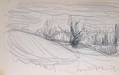 Konrad Sommer:  Bäume und Häuser bei einem Hang, 1982,  Bleistift auf Papier, 13,5 x 21,0 cm 