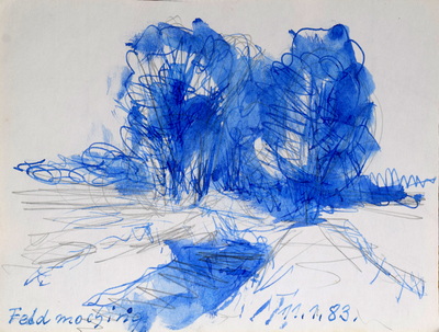 Konrad Sommer: Feldmoching, 11.1.1983,  blaue Tinte, Bleistift auf Papier, 11,5 x 15,2 cm, bez.u.l..: Feldmoching, u.r.: 11.1.83.