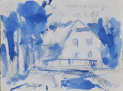 Konrad Sommer:  Feldmoching Mühle, 11.1.1983,  blaue Tinte, Bleistift auf Papier, 11,5 x 15,6 cm, 
						bez. o.: Feldmoching 11.1.83., u.l.: Mühle