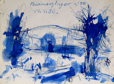 Konrad Sommer, Feldmochinger See, 11.1.1983, blaue Tinte, Bleistift auf Papier, 11,5 x 15,6 cm, bez.o.: Feldmochinger See 11.1.83  