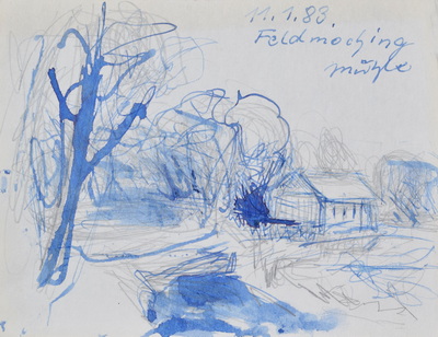 Konrad Sommer:  Feldmoching Mühle, 11.1.1983,  blaue Tinte, Bleistift auf Papier, 11,6 x 15,2 cm, 
						bez. o.:  11.1.83., Feldmoching Mühle