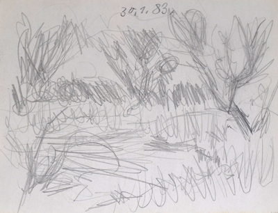 Konrad Sommer:   Bäume an einem Bach (Amper?), 30.1.1983, Bleistift auf Papier, 11,2 x 15,4 cm, bez. o.: 30.1.83. 