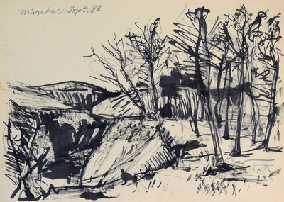 Konrad Sommer: Mühltal, September 1983, Tusche auf Papier, 21,05 x 29,7 cm, bez. o.l.: Mühltal Sept. 83.