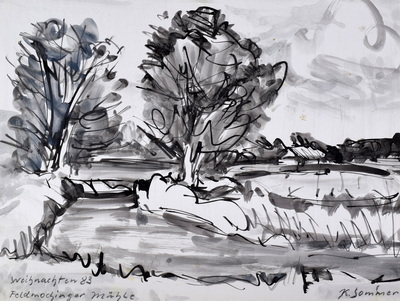 Konrad Sommer: Feldmochinger Mühle, Weihnachten 1983, Tusche auf Papier, 29,0 x 39,5 cm, bez. u.l.: Weihnachten 83 Feldmochinger Mühle, u.r.: K. Sommer