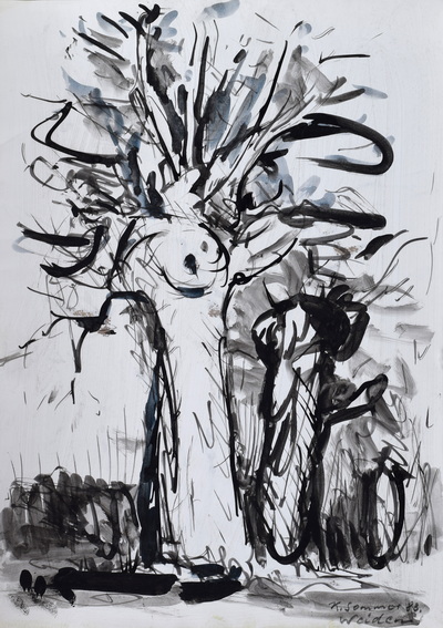 Konrad Sommer:  Weiden, 1983,  Tusche auf  Papier, 43,2 x 30,6 cm, bez. u.r.: K. Sommer 83. Weiden