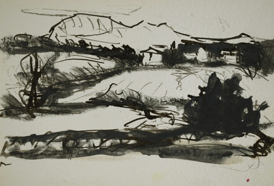 Konrad Sommer: Landschaft mit Häusern, um 1983, Tusche, Rohrfeder auf  Papier, 16,0 x 23,5 cm, Sammlung Michael Gorkow