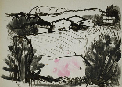 Konrad Sommer: Hügelige Landschaft mit Häusern, um 1983, Tusche, Rohrfeder auf  Papier, 16,0 x 23,5 cm, Sammlung Michael Gorkow