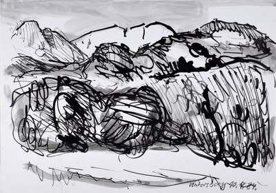 Konrad Sommer:  Untersberg, 10.4.1984, Tusche, Rohrfeder  Papier, 21,7 x 31,5 cm, bez.u.r.: Untersberg 10.4.84.