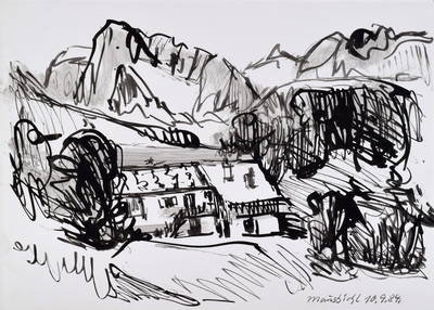 Konrad Sommer:  Mausbichl, 10.9.1984, Tusche, Rohrfeder auf Papier, 22,2 x 31,5 cm, bez.u.r.: Mausbichl 10.9.84.