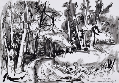 Konrad Sommer: Regen, Beerdigung von Katterl, 12.9.1984, Tusche, Rohrfeder auf Papier, 22,0 x 31,5 cm, bez.u.r.: 12.9.84. Regen Beerdigung v. Katterl  