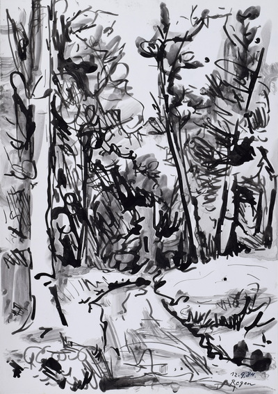 Konrad Sommer: Regen,  12.9.1984, Tusche, Rohrfeder auf Papier, 31,5 x 22,0 cm, bez.u.r.: 12.9.84. Regen 
