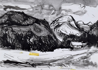 Konrad Sommer: Berchtesgaden, Rennlehen, Wasserbassin, 13.9.1984, Tusche, Rohrfeder auf Papier, 21,5 x 30,1 cm, bez.u.r.: 13.9.84. Rennlehen Wasserbassin