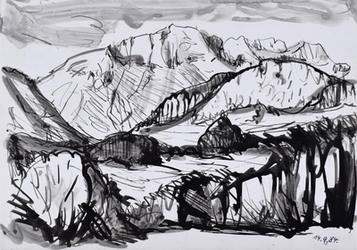 Konrad Sommer: Untersberg, 14.9.1984, 22,0 x 31,4 cm, Tusche, Rohrfeder auf Papier, bez.u.r.: 14.9.84.    