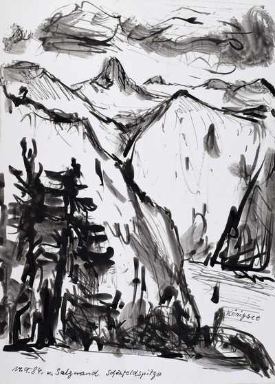 Konrad Sommer: Blick von der Salzwand auf die Schönfeldspitze, 14.9.1984, 31,4 x 21,8 cm, Tusche, Rohrfeder auf Papier, bez.u.l.: 14.9.84. v. Salzwand Schönfeldspitze