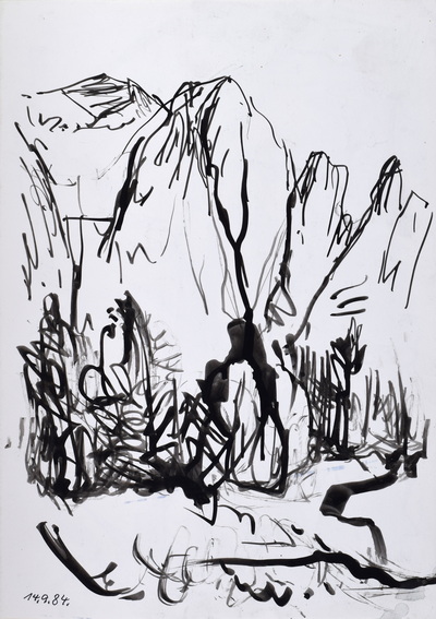 Konrad Sommer, Blick auf die Westwand des Hohen Gölls, 14.9.1984, 31,6 x 22,0 cm, Tusche, Rohrfeder auf Papier, bez.u.l.: 14.9.84. 