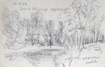 Konrad Sommer, Isar bei Föhring im Gegenlicht, 31.9.1984, 13,4 x 15,5 cm, Bleistift auf Papier, bez.o.l.: 31.10.84. Isar b. Föhring Gegenlicht 