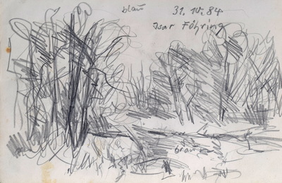 Konrad Sommer, Isar bei Föhring, 31.9.1984, 13,4 x 24,0 cm, Bleistift auf Papier, bez.o..: blau 31.10.84. Isar  Föhring  