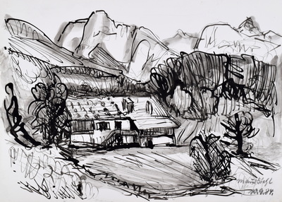 Konrad Sommer: Mausbichl, 10.9.1984, 22,0 x 31,5 cm, Tusche, Rohrfeder auf Papier, bez.u.r.: 10.9.84. Mausbichl