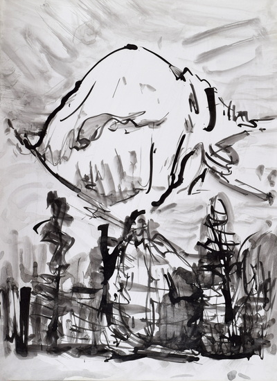 Konrad Sommer, Ansicht eines Berges, um 1984, 42,6 x 30,6 cm, Tusche, Rohrfeder auf Papier 