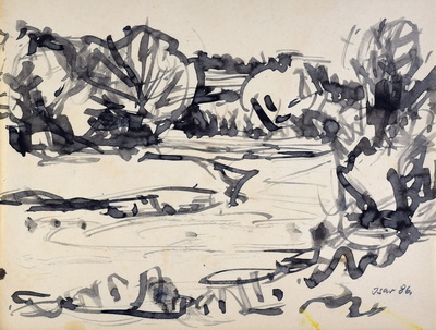 Konrad Sommer, Isar,  1986, 22,7 x 30,4 cm, Tusche, Bleistift auf Papier, bez. u.r.: Isar 86. 