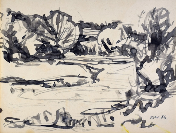 Konrad Sommer, Isar, 1986, 22,7 x 30,4 cm, Tusche, Bleistift auf Papier, bez. u.r.: Isar 86.