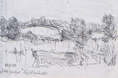 Konrad Sommer, Seeshaupt, Schilfbrücke, 25.8.1989, 18,3 x 28,7 cm, Bleistift auf Papier, bez. u.l.: 25.8.89. Seeshaupt Schilfbrücke 