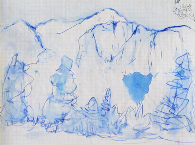 Konrad Sommer: Ansicht einer Bergwand,  um 1990, blaue Tinte  auf bedrucktem Papier, 18,5 x 26,1 cm