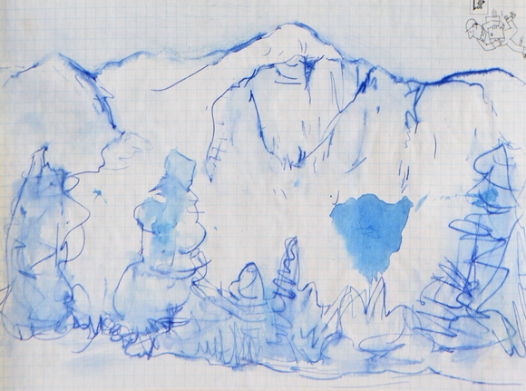Konrad Sommer: Ansicht einer Bergwand, um 1990, blaue Tinte auf bedrucktem Papier, 18,5 x 26,1 cm