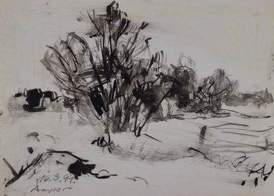 Konrad Sommer: Amper, 16.3.1991, Bleistift, Tusche, Rohrfeder  auf Papier, 22,42 x 31,2 cm, bez.u.l.: 16.3.91. Amper