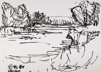 Konrad Sommer: Isar, 1.4.1991, Tusche  auf Papier, 22,0 x 31,5 cm, bez.u.l.: 1.4.91 Isar