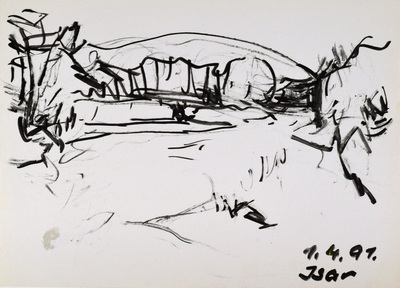 Konrad Sommer: Isar, 1.4.1991, Tusche  auf Papier, 22,2 x 31,4 cm, bez.u.r.: 1.4.91. Isar