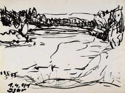 Konrad Sommer:  Isar, 1.4.1991, Tusche, Rohrfeder  auf Papier, 22,0 x 31,5 cm, bez.u.l.: 1.4.1991. Isar