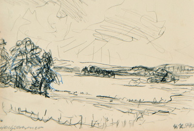 Konrad Sommer: Hochsommer, 4.7.1991, Kohle, Bleistift, blauer Stift auf Papier, 19,2 x 28,7 cm,  bez.u.l.: Hochsommer, u.r.: 4.7.91.