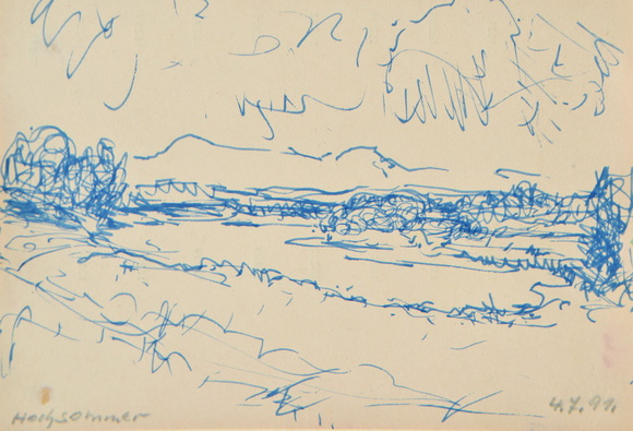 Konrad Sommer, Hochsommer, 4.7.1991, blauer Faserstift auf Papier, 19,2 x 28,8 cm