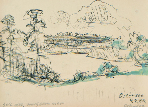 Konrad Sommer, Ostersee, 4.7.1991, Kohle, Aquarell auf Papier, 19,9 x 27,9 cm, bez. u.l.: hell dkl., Hochsommer, u.l.: Ostersee 4.7.91.