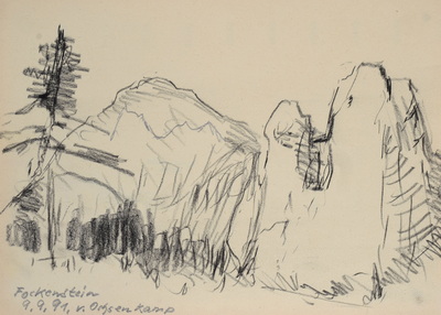 Konrad Sommer:  Forchenstein v. Ochsenkamp, 9.9.1991, Kohle, Bleistift auf Papier, 17,0 x 25,0 cm, bez.u.l.:  Fockenstein 9.9.91. v. Ochsenkamp