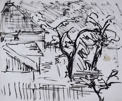 Konrad Sommer:  Haus mit Garten, um 1991, Tusche, Rohrfeder auf Papier, 19,2 x 22,8 cm