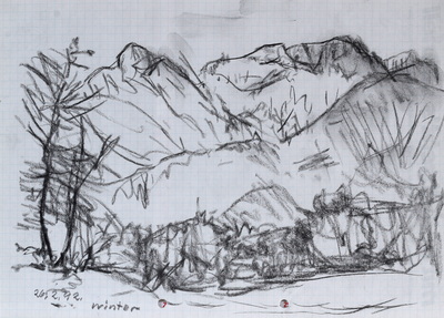 Konrad Sommer:  Winter, 26.2.1992, Kohle, Bleistift auf Papier, 21,0 x 29,5 cm, bez. u.l.: 26.2.92. Winter