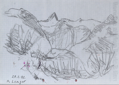 Konrad Sommer: Blick von der Gaststätte Hochlenzer auf die Schönfeldspitze, 29.2.1992,  Bleistift auf Papier, 21,0 x 29,5 cm, bez. u.l.: 29.2.92. H.Lenzer